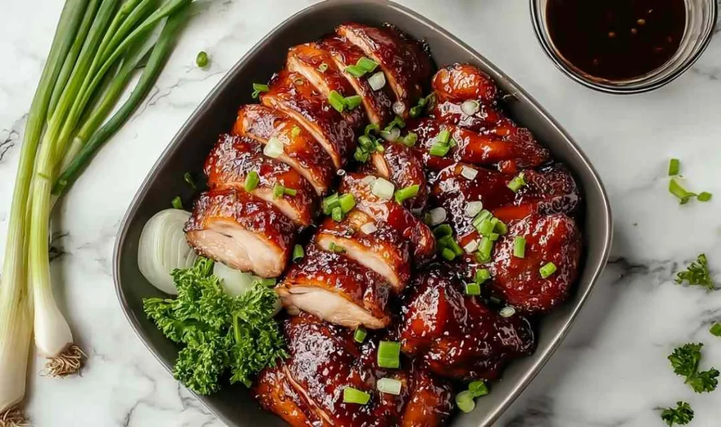 Char siu chicken with glossy caramelized glaze and sesame seeds on white plate
