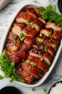 Char siu chicken with glossy caramelized glaze and sesame seeds on white plate