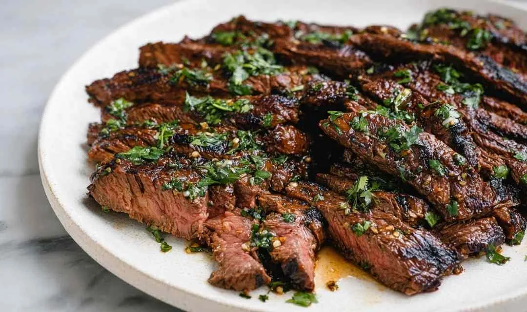 Marinated skirt steak in resealable bag with herbs and garlic
