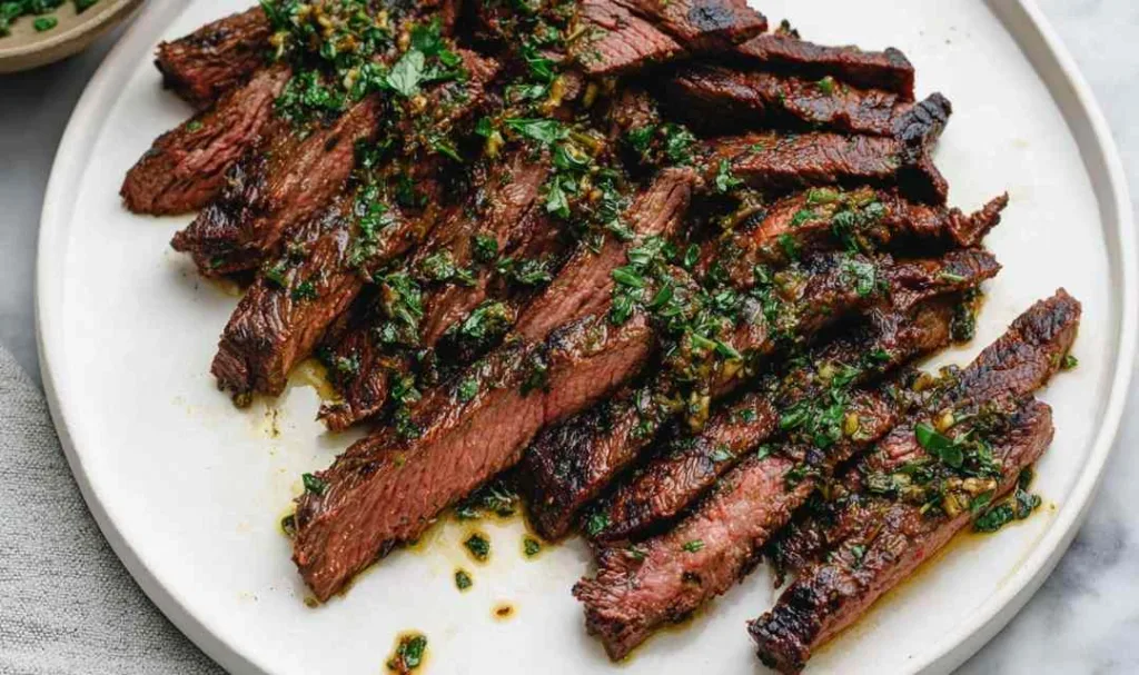 Charred skirt steak grilling on hot grill with visible char marks
