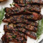 Sliced marinated skirt steak showing pink interior on wooden cutting board