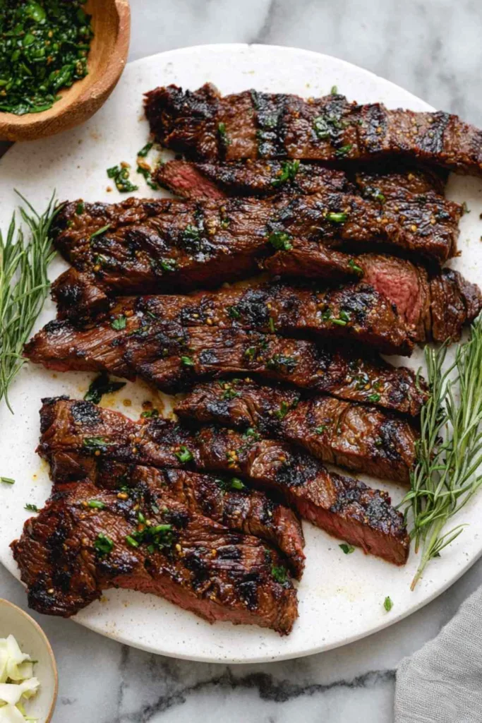 Sliced marinated skirt steak showing pink interior on wooden cutting board
