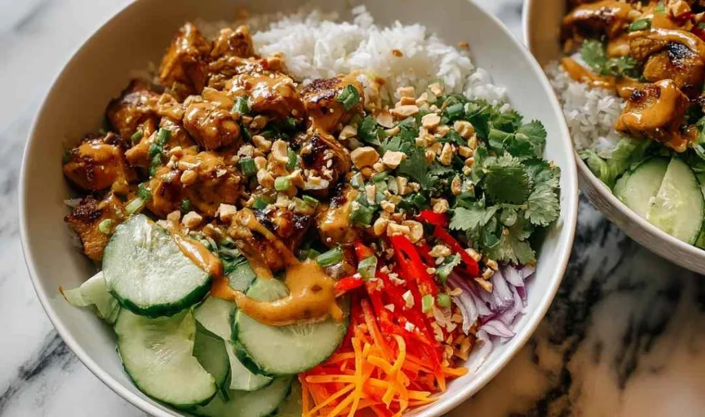 Chicken Satay Spring Roll Bowls with fresh vegetables