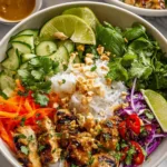 Chicken Satay Spring Roll Bowls with fresh vegetables