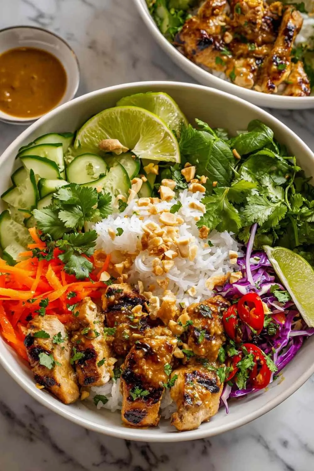 Chicken Satay Spring Roll Bowls with fresh vegetables