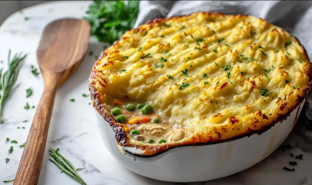 Chicken Shepherd's Pie slice showing layers of chicken, vegetables, and mashed potatoes