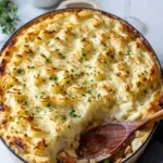 Chicken Shepherd's Pie being served on white plate with fork