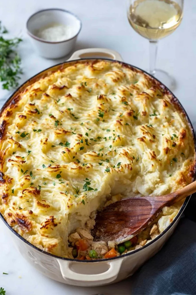 Chicken Shepherd's Pie being served on white plate with fork