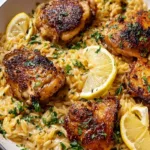 Searing seasoned chicken thighs in hot skillet for chicken thighs creamy lemon garlic orzo recipe