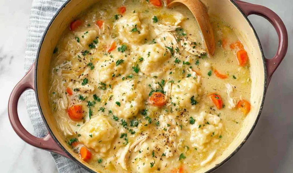 Homemade chicken and dumplings in pot with fluffy dumplings