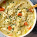 Homemade chicken and dumplings in pot with fluffy dumplings