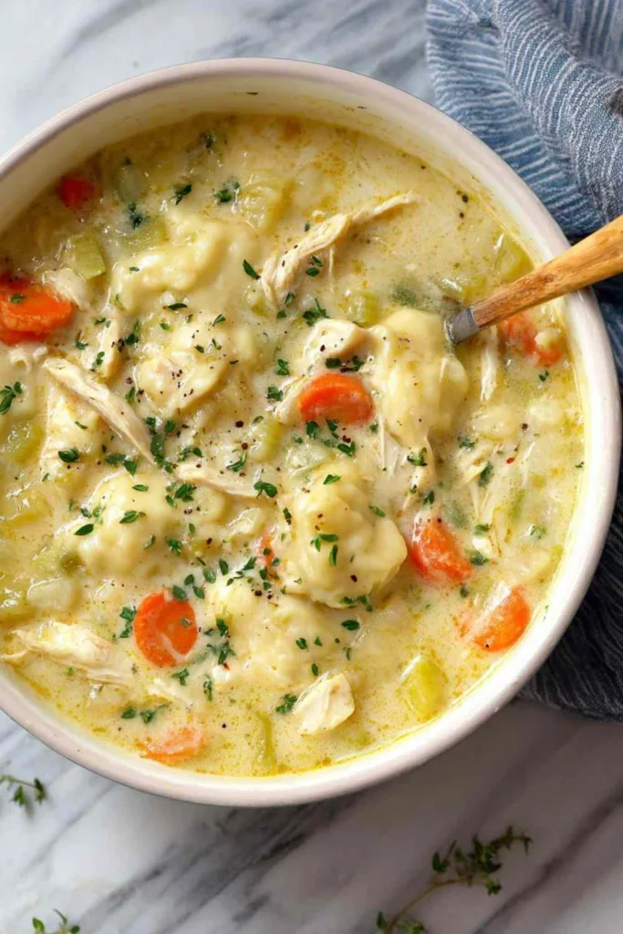 Homemade chicken and dumplings in pot with fluffy dumplings