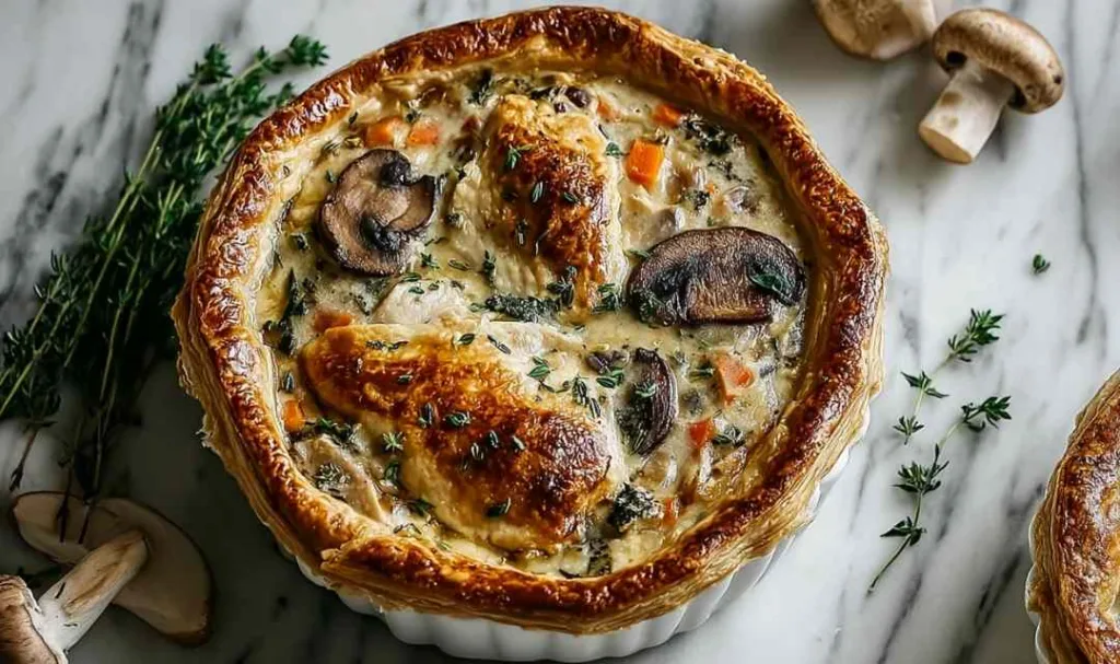 Creamy chicken and mushroom pot pie filling with vegetables and herbs