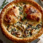 Slice of chicken mushroom pot pie showing layers of crust and filling