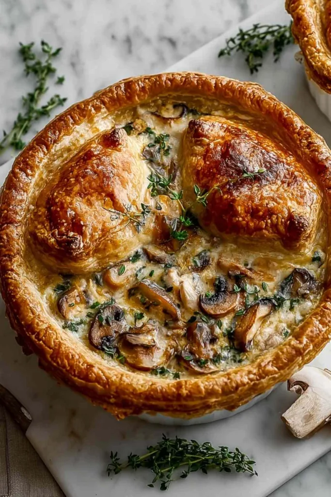 Slice of chicken mushroom pot pie showing layers of crust and filling