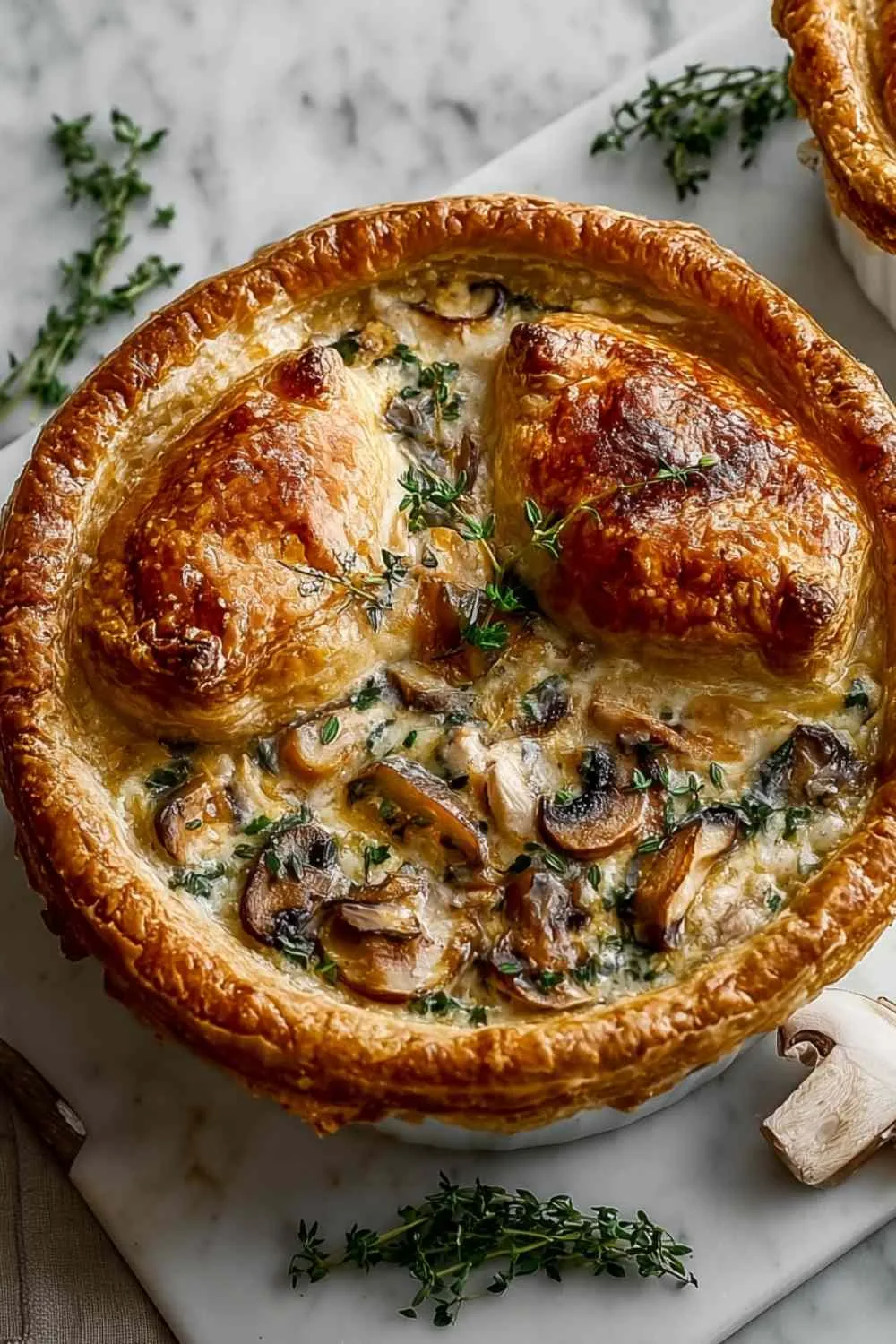 Slice of chicken mushroom pot pie showing layers of crust and filling