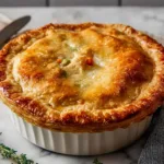 Slice of chicken pot pie recipe on plate showing flaky layers