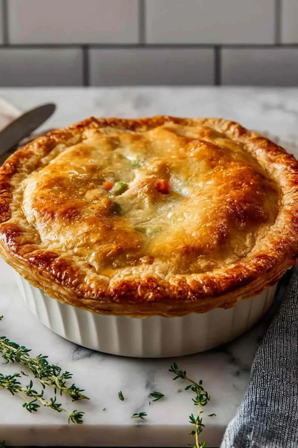 Slice of chicken pot pie recipe on plate showing flaky layers
