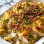 Creamy crack chicken casserole serving with pasta and bacon bits