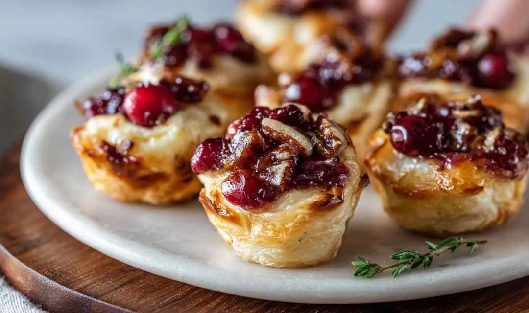 Golden baked cranberry brie bites in puff pastry cups on white platter with rosemary garnish