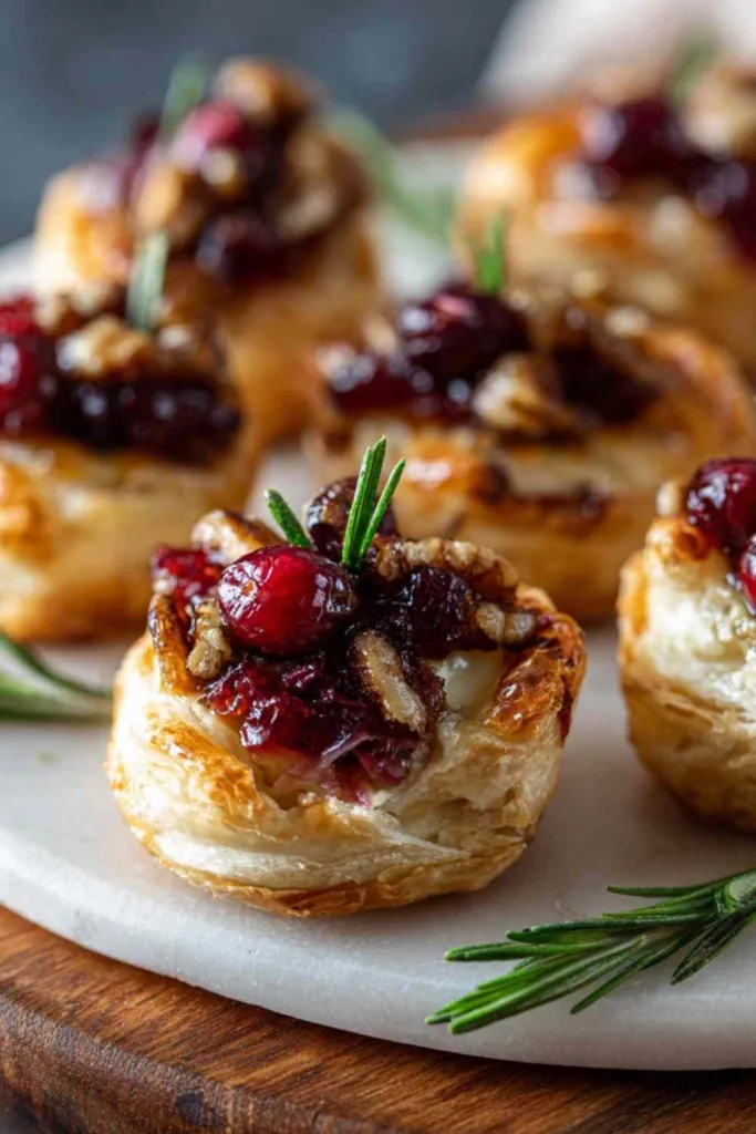 Close up of cranberry brie bite showing melted cheese and cranberry sauce filling