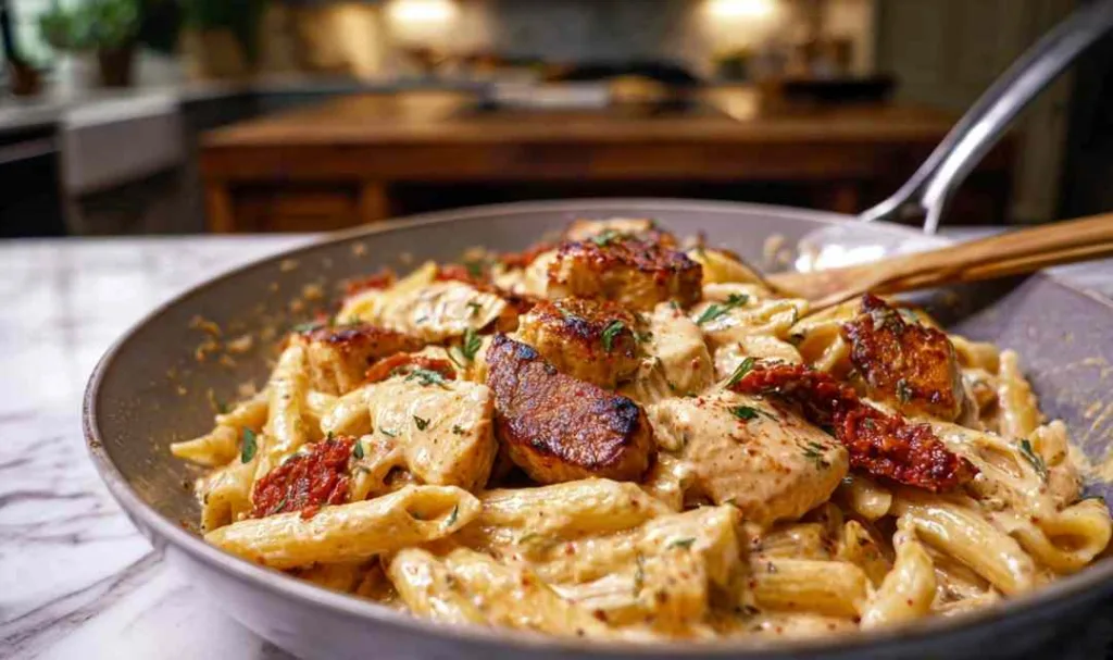 Close-up of penne pasta coated in creamy Cajun sauce with sliced chicken