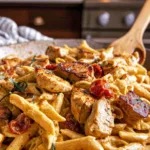 Serving of creamy Cajun chicken pasta on a white plate with garnish