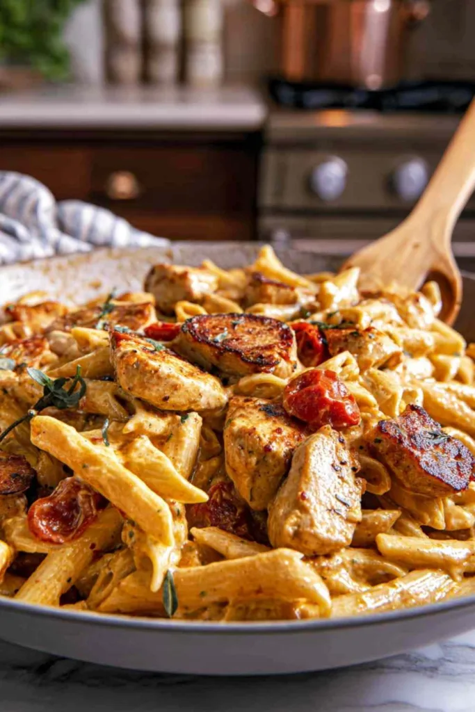 Serving of creamy Cajun chicken pasta on a white plate with garnish