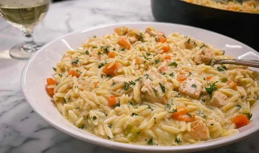 Skillet of chicken pot pie orzo with wooden spoon and fresh herbs