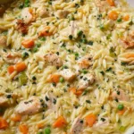 Bowl of creamy chicken orzo garnished with parsley on rustic table