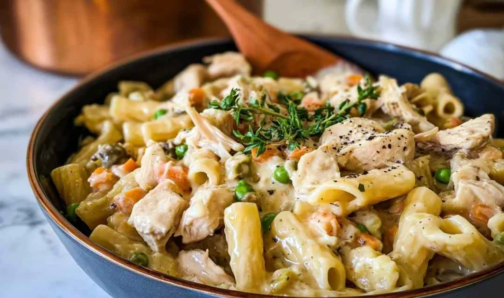 Making creamy sauce for chicken pot pie pasta in skillet
