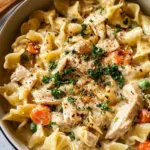 Close up of creamy chicken pot pie pasta with vegetables and herbs