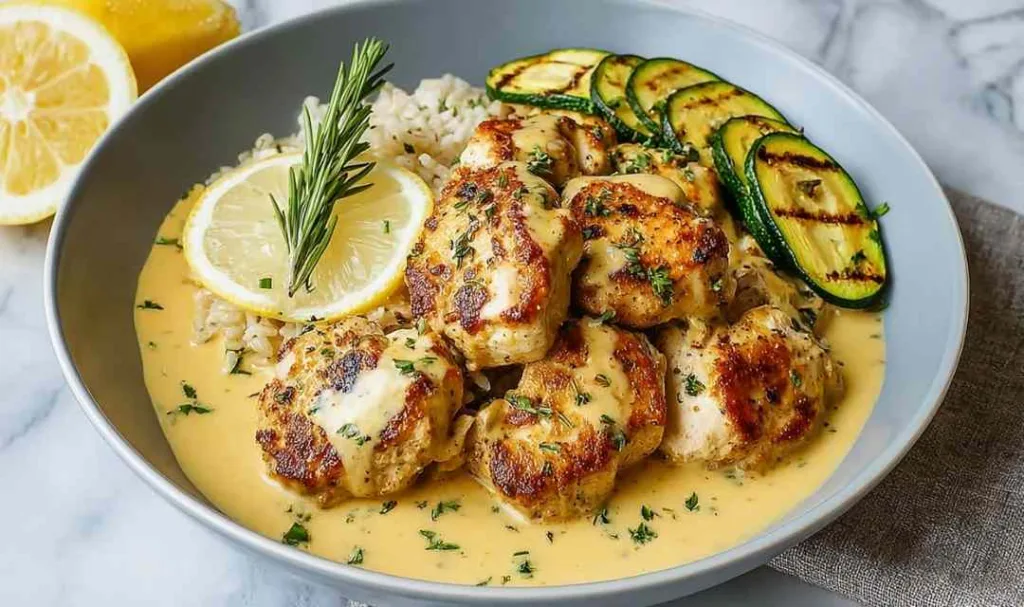 Lemon butter sauce being poured over chicken cutlets in skillet