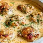 Plated Creamy Oven Baked Chicken Thighs with mashed potatoes and green beans