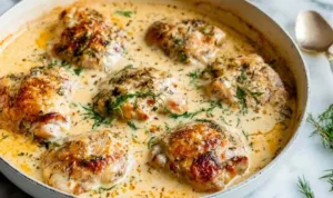 Plated Creamy Oven Baked Chicken Thighs with mashed potatoes and green beans