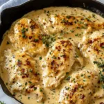 Close up of creamy ranch chicken on plate with mashed potatoes and green beans