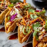 Golden crispy fried wonton taco shells draining on paper towels