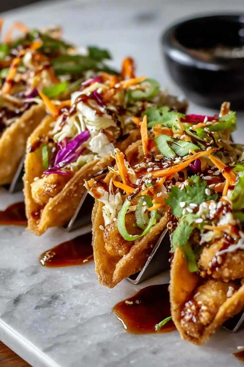 Golden crispy fried wonton taco shells draining on paper towels