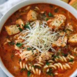 Crockpot Chicken Parmesan Soup served with crusty Italian bread