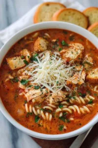Crockpot Chicken Parmesan Soup served with crusty Italian bread