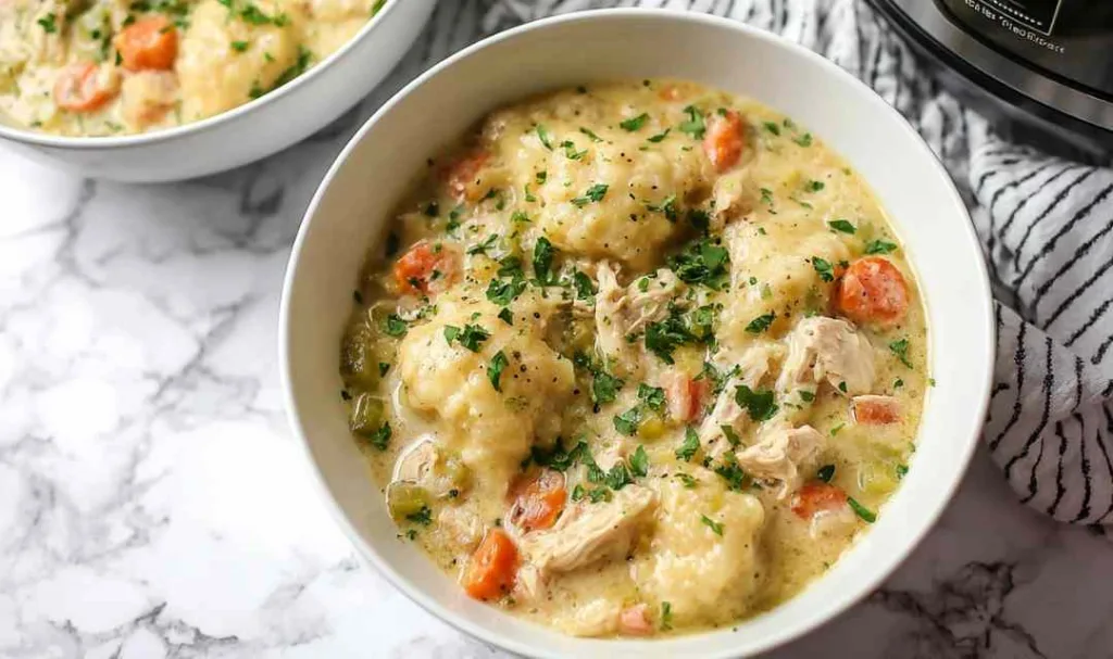 Raw chicken thighs and vegetables arranged in crockpot before cooking chicken and dumplings
