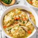 Close up of fluffy biscuit dumplings in creamy chicken and vegetable sauce