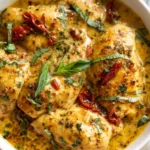 Crockpot marry me chicken plated with mashed potatoes and garnished with fresh basil