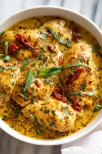 Crockpot marry me chicken plated with mashed potatoes and garnished with fresh basil