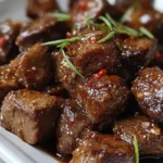Crockpot steak bites served over mashed potatoes with gravy
