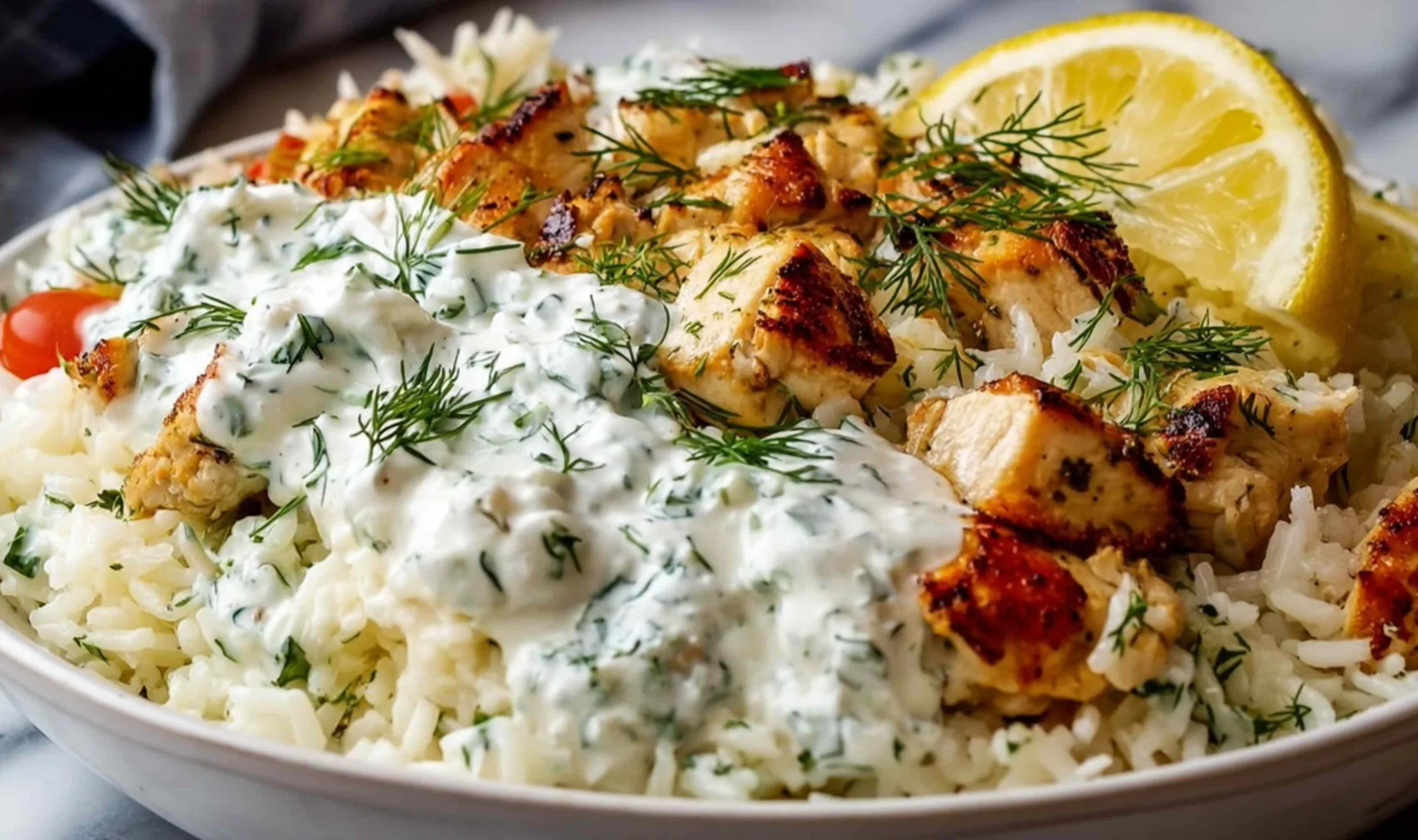 Dump and Bake Chicken Tzatziki Rice in casserole dish with golden chicken pieces