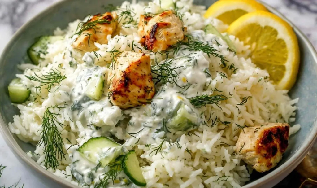 Serving Dump and Bake Chicken Tzatziki Rice with cucumber and dill garnish