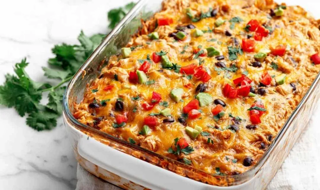 Single serving of chicken burrito casserole with cilantro and avocado garnish