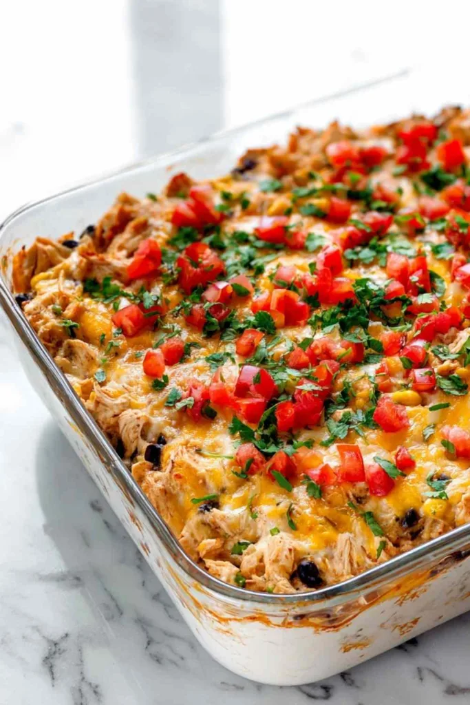 Single serving of chicken burrito casserole with cilantro and avocado garnish
