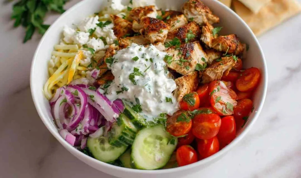 Marinated chicken pieces cooking in skillet for gyro bowl recipe